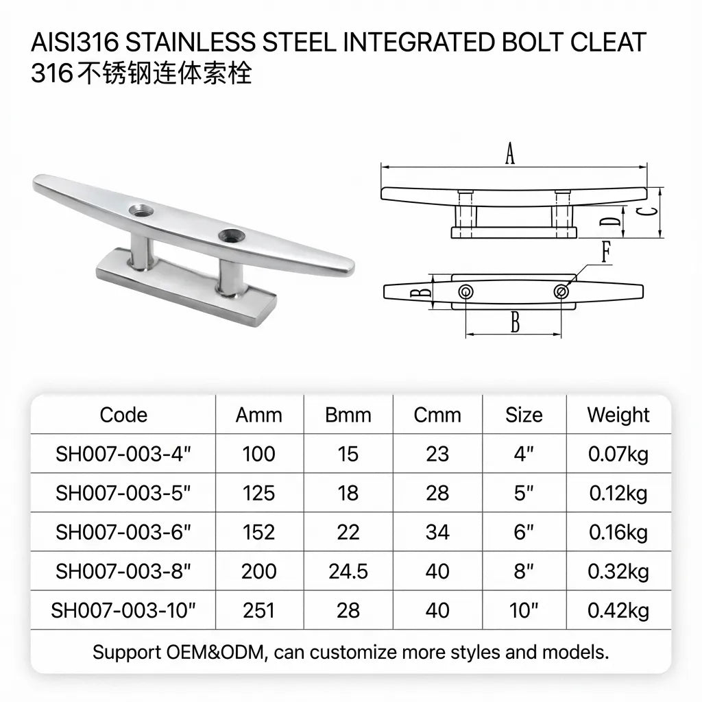 Technical engineering drawing and size chart for SH007 series boat cleats ranging from 4 inch to 10 inch sizes with weights.