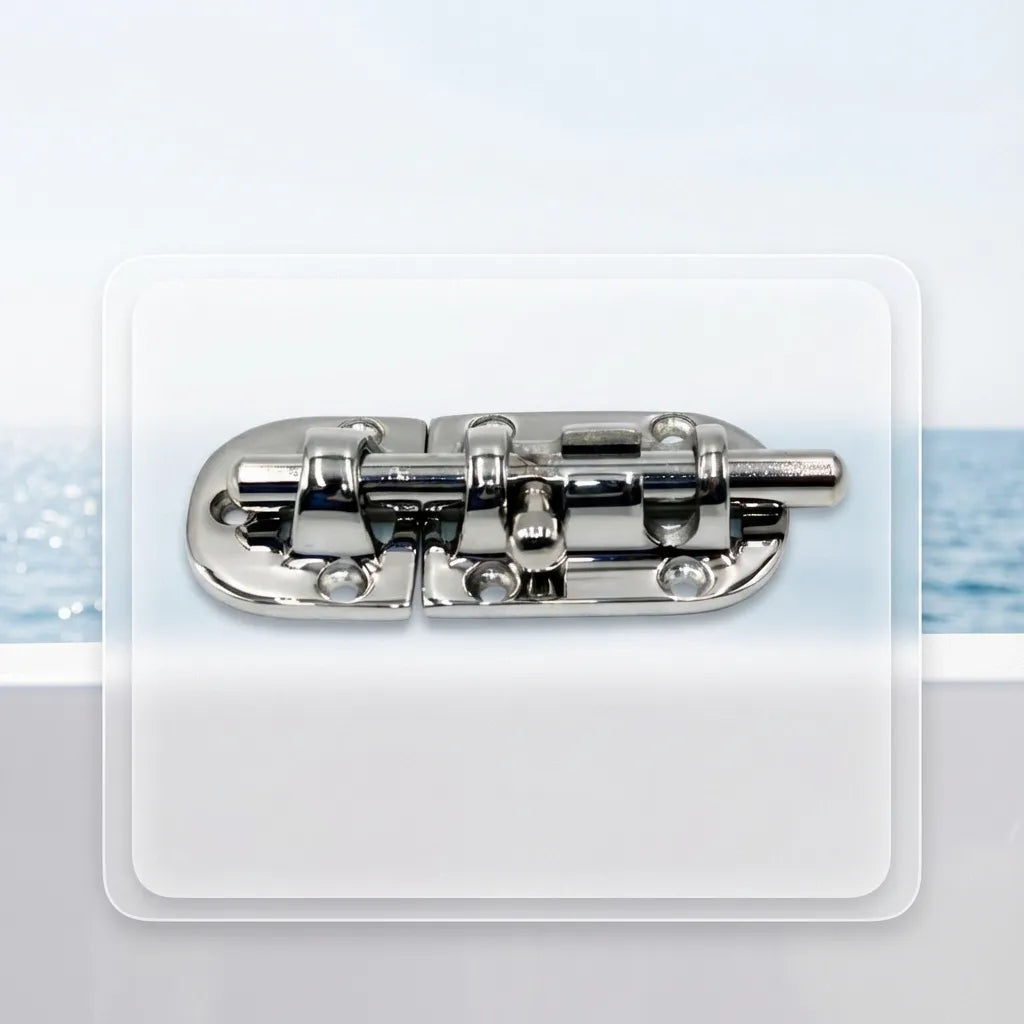 Heavy-duty marine barrel bolt installed on a white vessel deck with blue ocean horizon in the background.