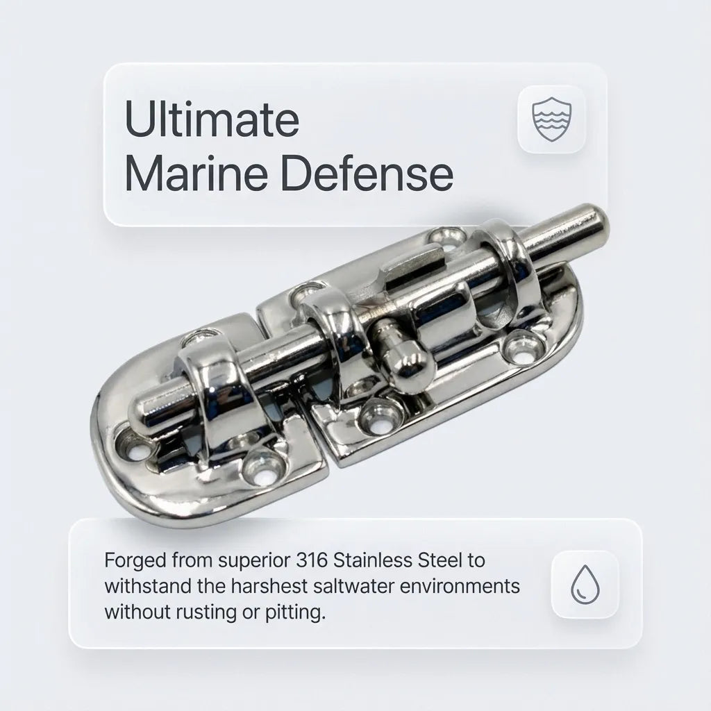 Infographic stating 'Ultimate Marine Defense' for 316 stainless steel construction resistant to pitting and rusting.