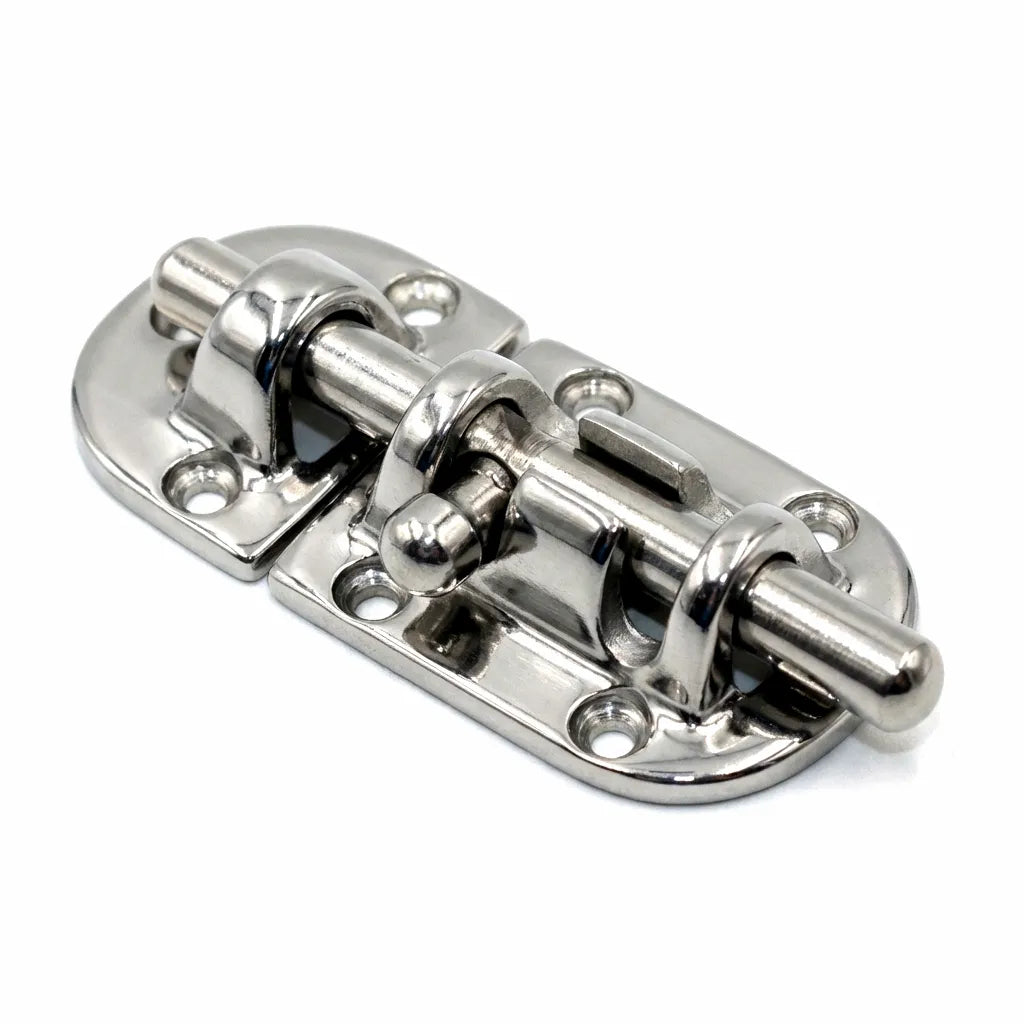 Mirror-polished 316 stainless steel boat barrel bolt latch on a white background, showcasing precision-cast industrial finish.