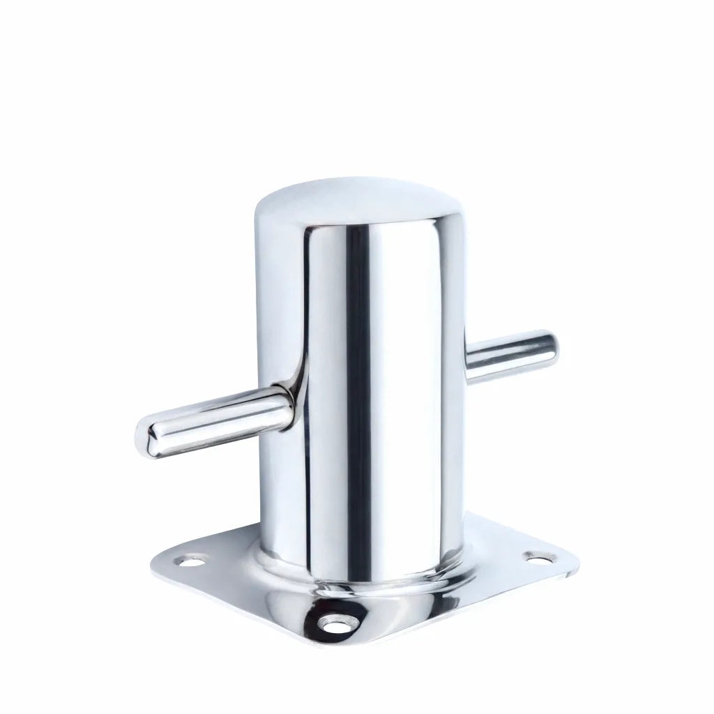 Mirror-polished 316 stainless steel cylindrical marine dock bollard with a square base and two horizontal mooring arms, isolated on white.