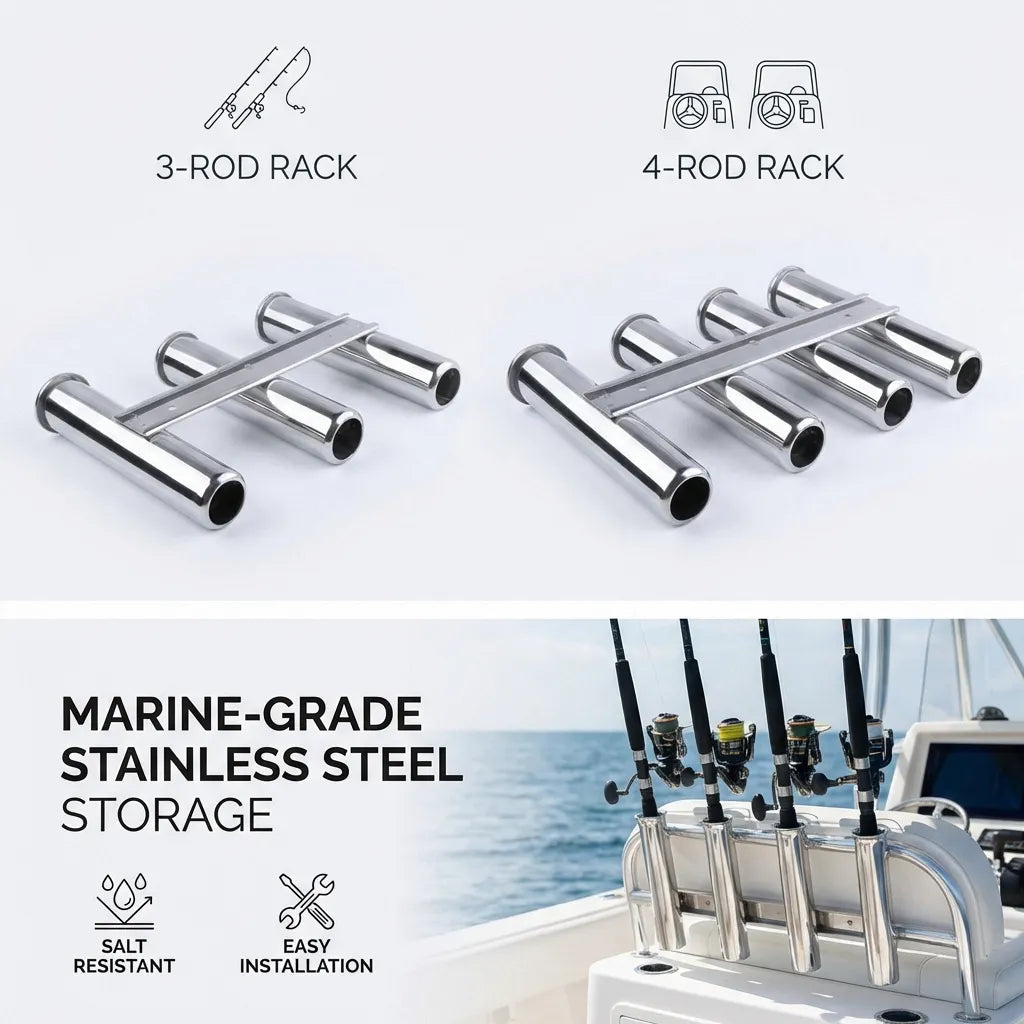 Comparison view of 3-rod and 4-rod racks and a lifestyle image showing four fishing rods stored vertically on a boat's center console.