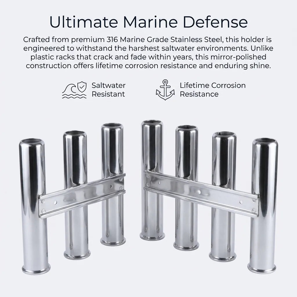 Infographic detailing the 316 marine-grade stainless steel construction, highlighting saltwater resistance and lifetime corrosion durability compared to plastic.