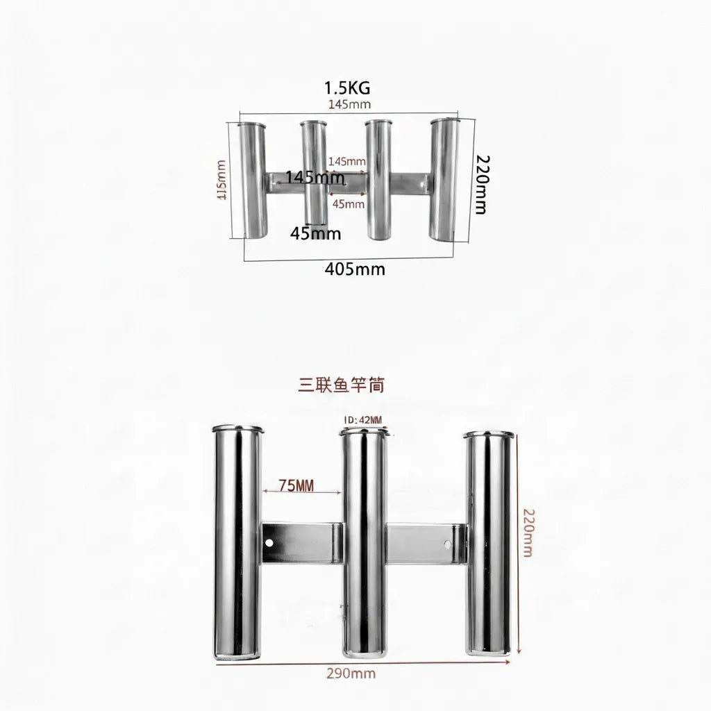 Technical dimension diagram showing 290mm width for the 3-rod rack and 405mm for the 4-rod rack with a 220mm tube height and 42mm ID.