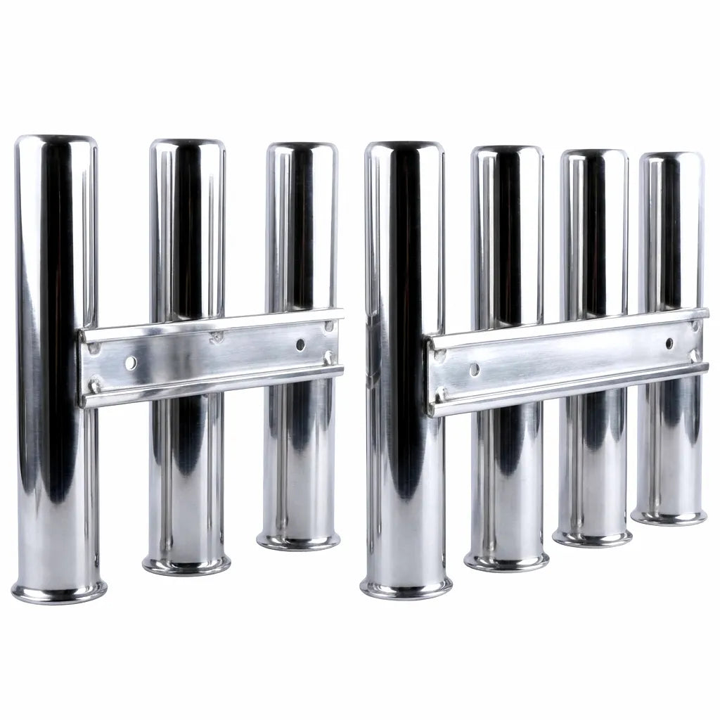 Hero shot of 3-rod and 4-rod marine-grade 316 stainless steel fishing rod holders featuring mirror-polished finish on a clean white background.