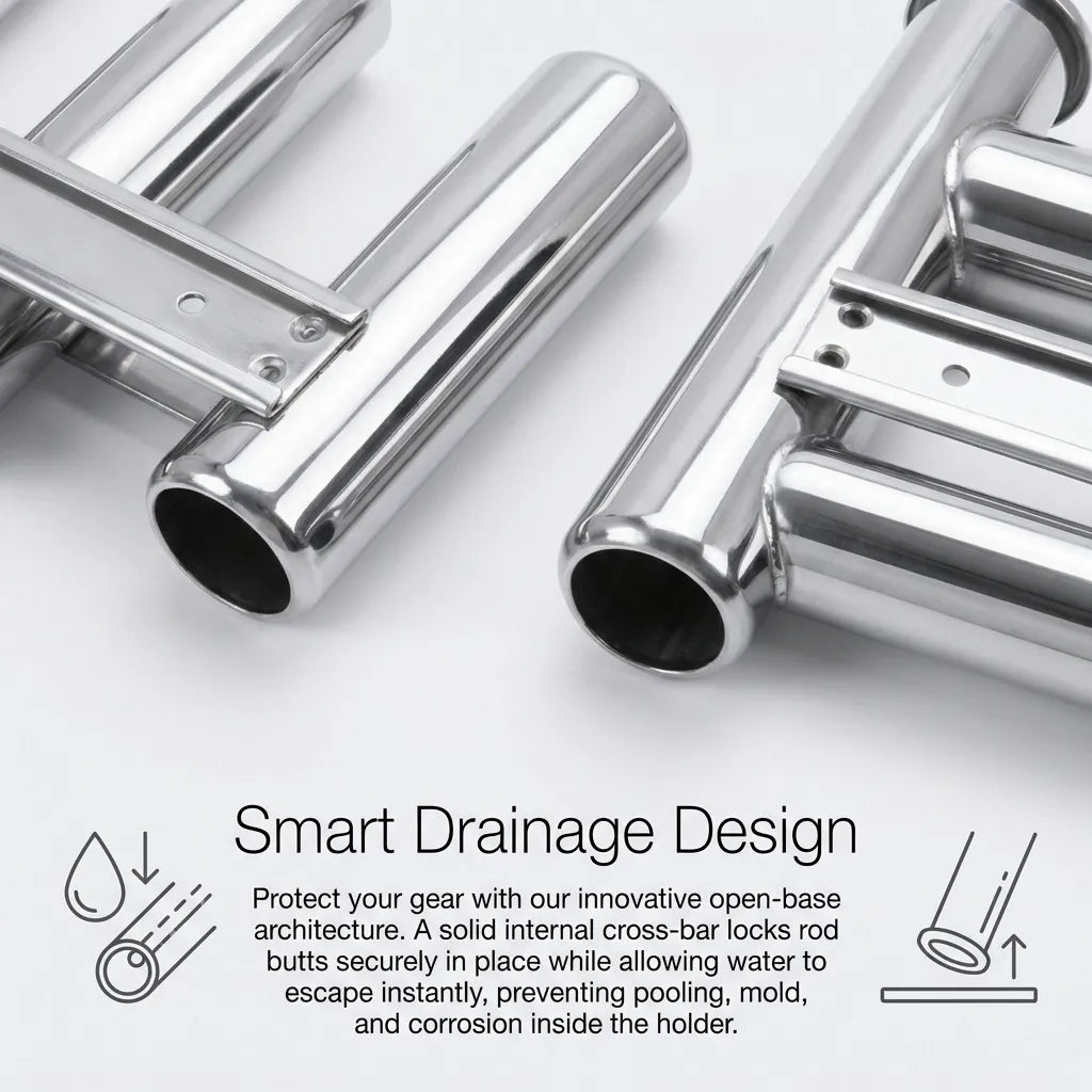 Macro view of the open-base architecture showing the internal cross-bar gimbal pin for rod butt security and rapid water drainage.