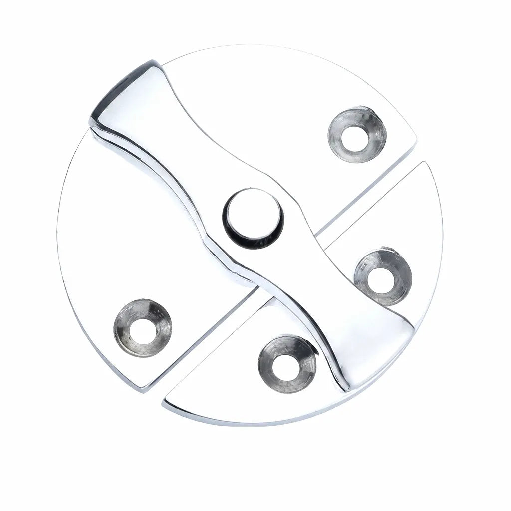Top-down view of a high-polish 316 stainless steel round flush pull latch with a rotating tab, featuring four visible countersunk screw holes, set against a pure white background.