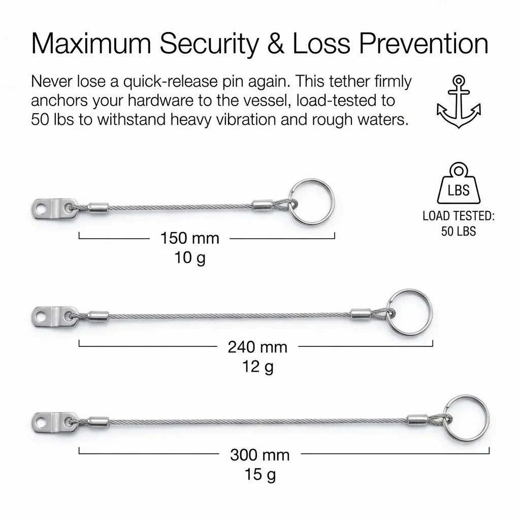 Technical infographic displaying a 50lb load test rating for security and loss prevention in high-vibration nautical conditions.