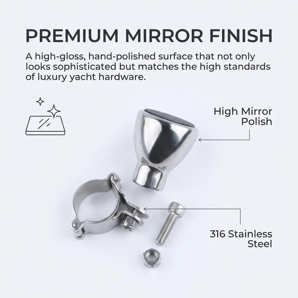 Exploded view showing the hand-polished mirror finish knob, heavy-duty clamp, and 316 stainless steel mounting hardware.