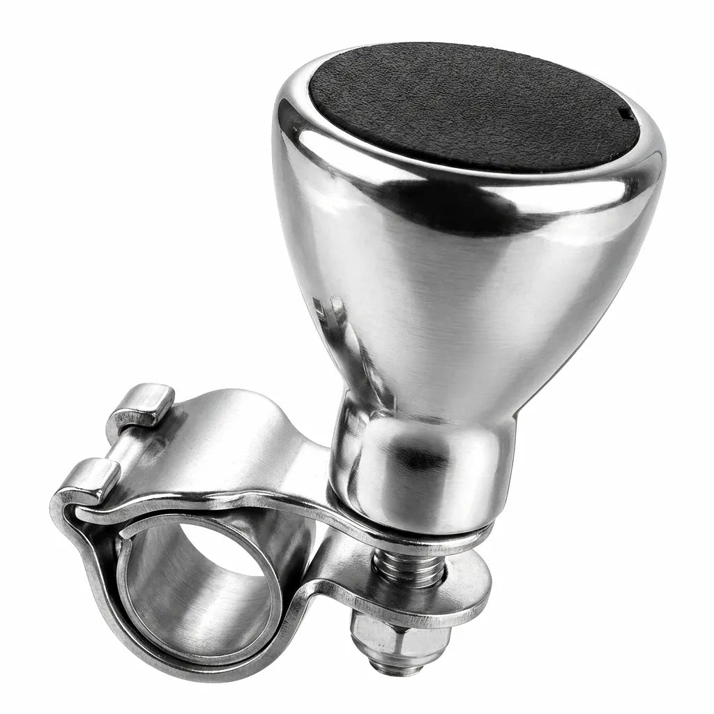 Hero shot of a 316 stainless steel boat steering wheel control knob with a black textured top and heavy-duty mounting clamp on a white background.