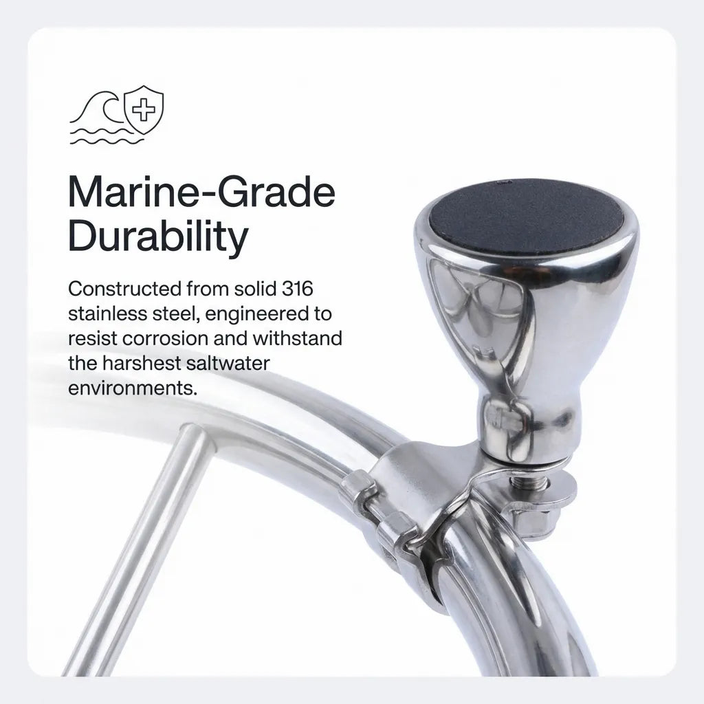Infographic showing the steering knob mounted on a rail with text highlighting 316 stainless steel construction and saltwater corrosion resistance.