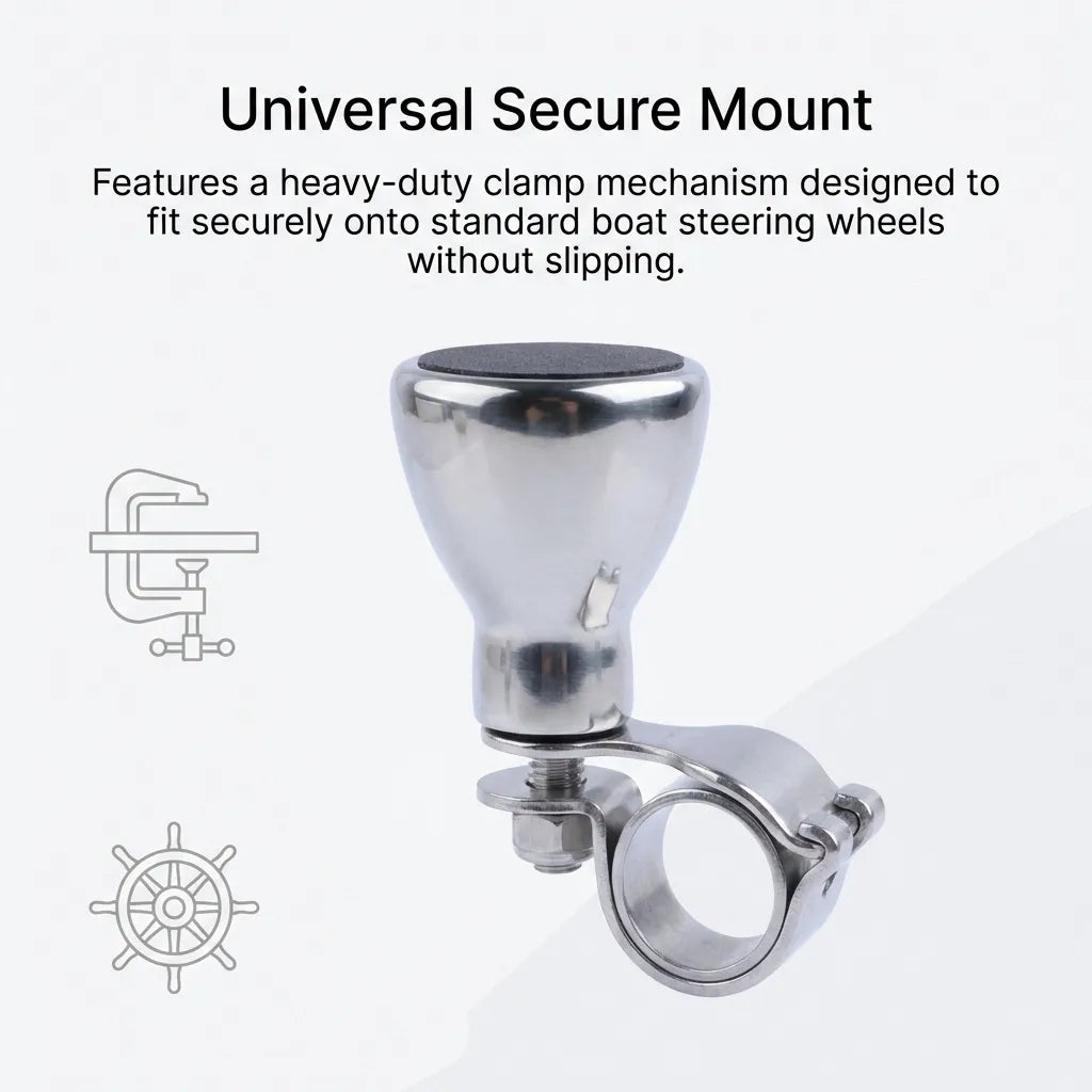 Diagram of the universal secure mount clamp designed to fit standard boat steering wheels without slipping.