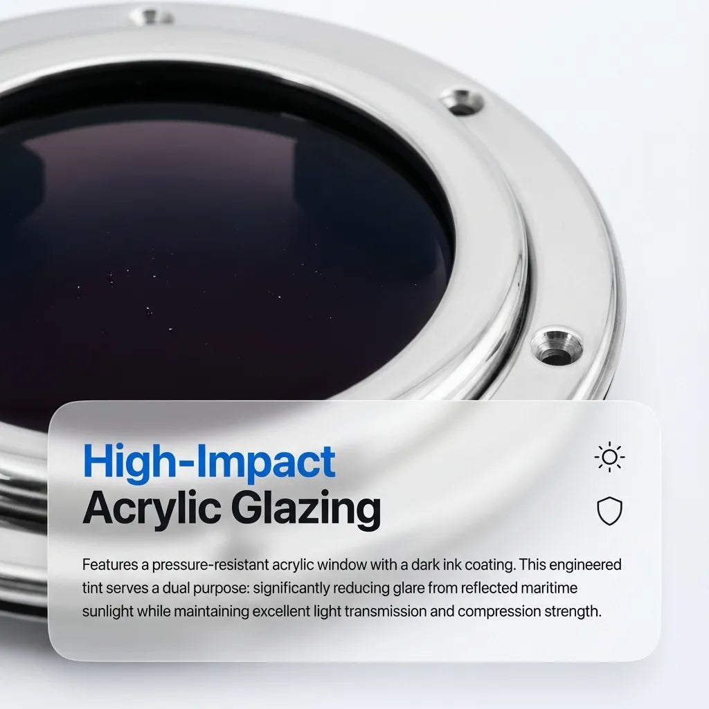 Diagram showing high-impact acrylic glazing with dark ink coating designed for glare reduction and maritime sunlight filtration.