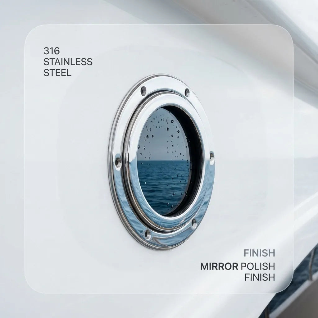Detail view of the high-sheen mirror polish finish on the 316 stainless steel frame, reflecting water droplets and coastal scenery.
