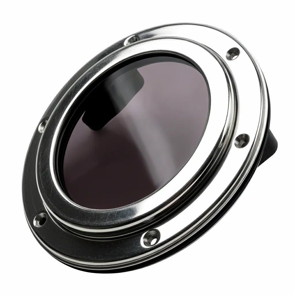Mirror-polished 316 stainless steel boat porthole window on a white background, featuring a tinted acrylic portlight and 6-hole mounting flange.