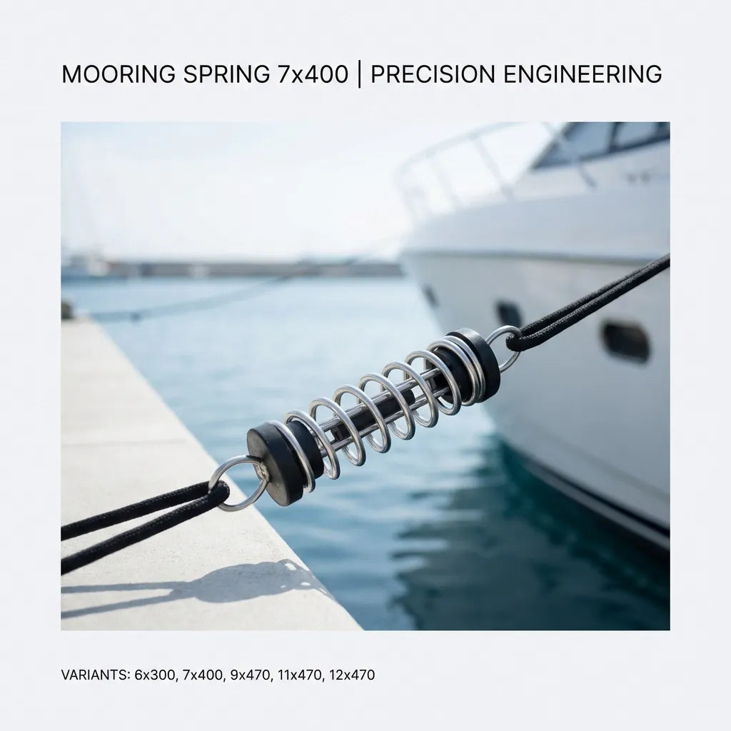 Lifestyle shot of a stainless steel mooring spring installed on a black nylon dock line connecting a boat to a concrete marina pier.