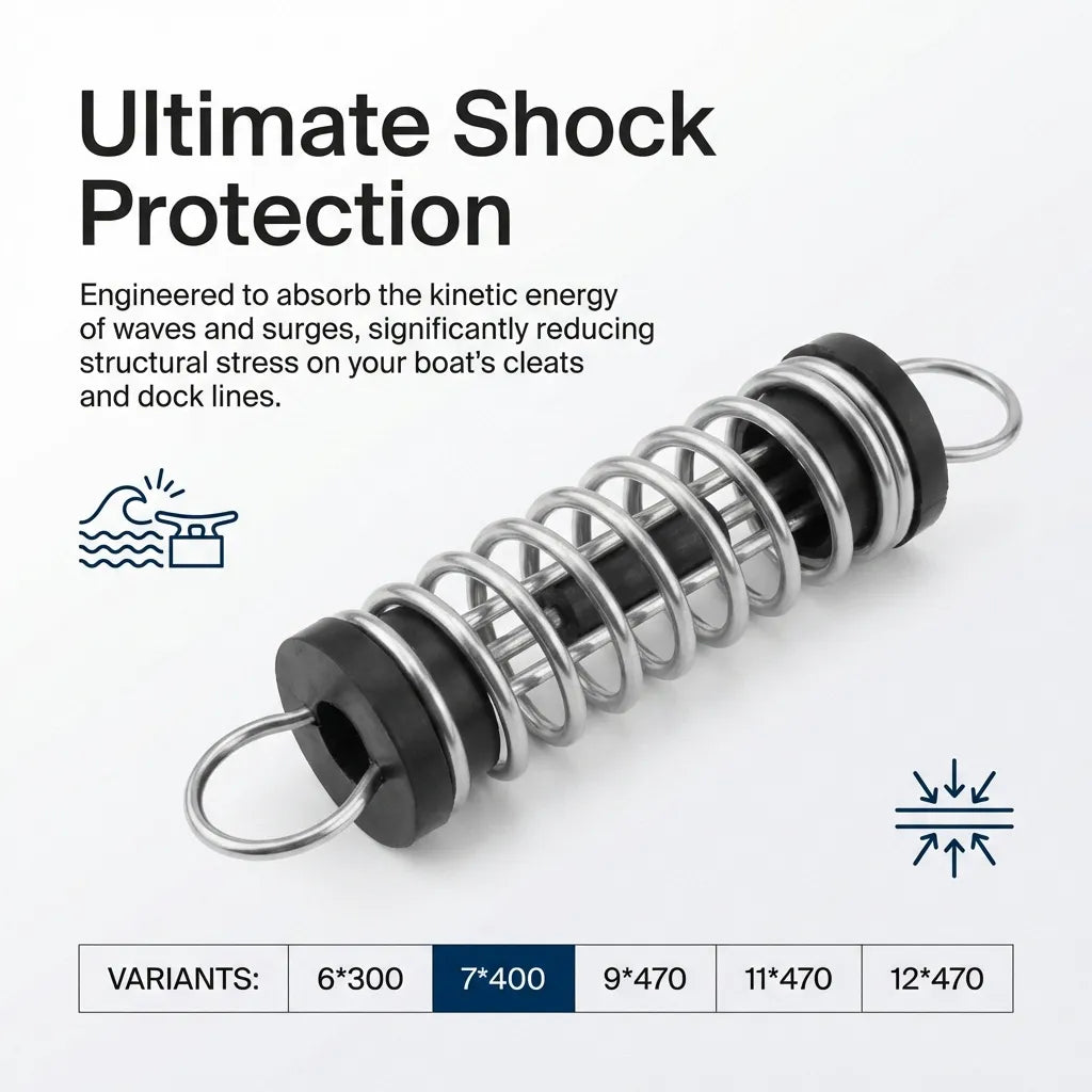 Infographic explaining kinetic energy absorption for dock lines with a table highlighting the 7x400mm variant among other available sizes.