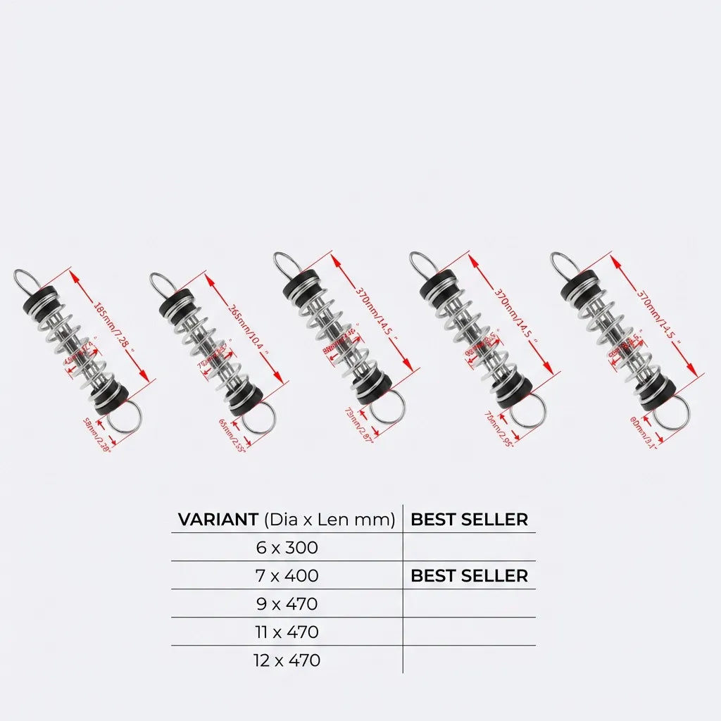 Technical dimensions infographic showing lengths and diameters for 6x300, 7x400, 9x470, 11x470, and 12x470 variants.