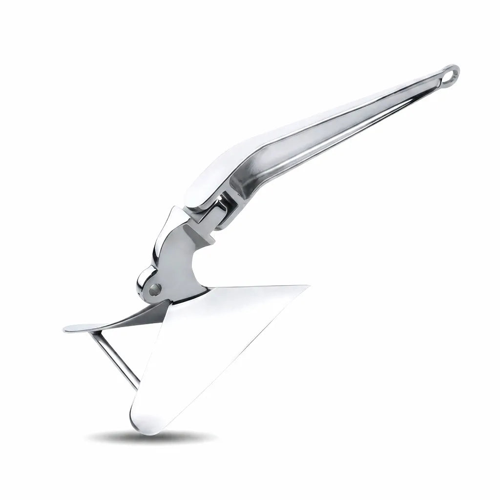 Highly polished 316 marine-grade stainless steel plow anchor on a white background, showcasing its robust construction and precision casting.