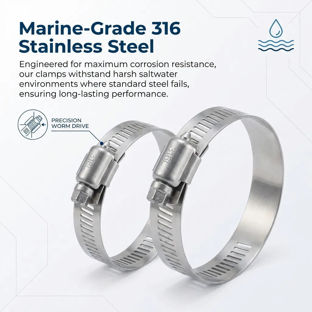 Pair of hose clamps displaying the high-polish finish and legible 316L material grade stamping.