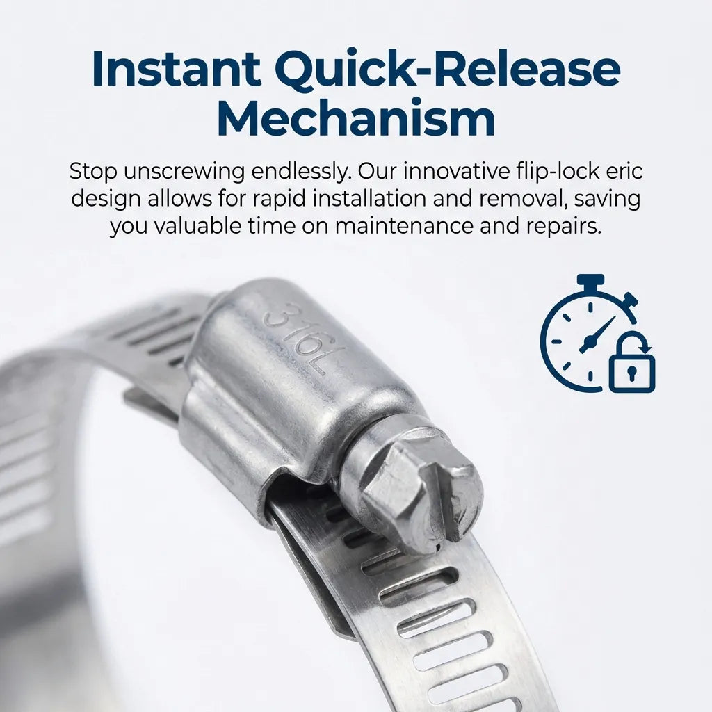 Close-up of the 316L etched housing and the quick-release flip-lock screw mechanism for rapid hose installation.