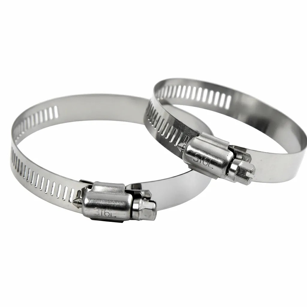 Two 316L marine-grade stainless steel quick-release hose clamps on a white background, featuring precision worm gear and flip-lock mechanism.