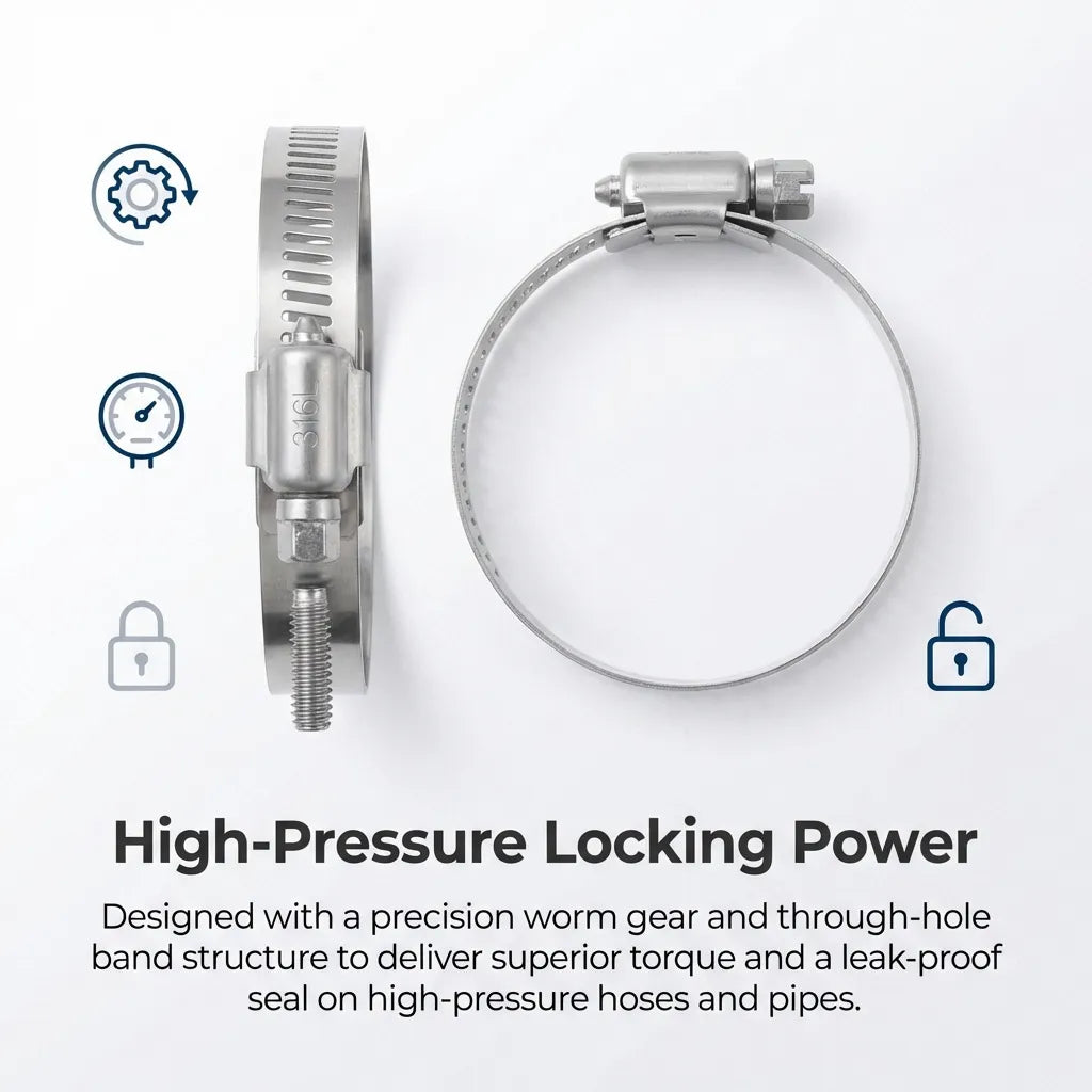 Top and side view of hose clamp illustrating the through-hole band structure designed for high torque and leak-proof seals.