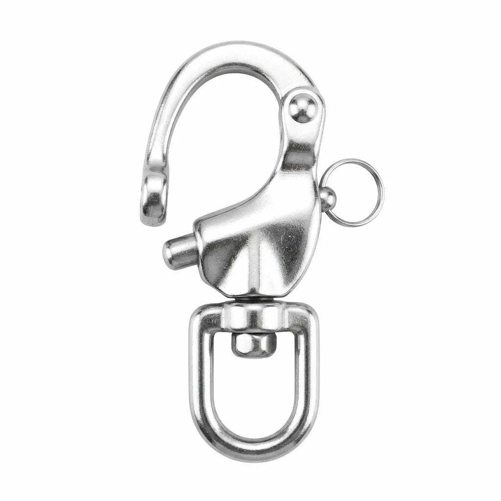 Close-up of a mirror-polished 316 stainless steel quick-release swivel snap shackle on a pure white background, showcasing its robust construction and smooth mechanism.