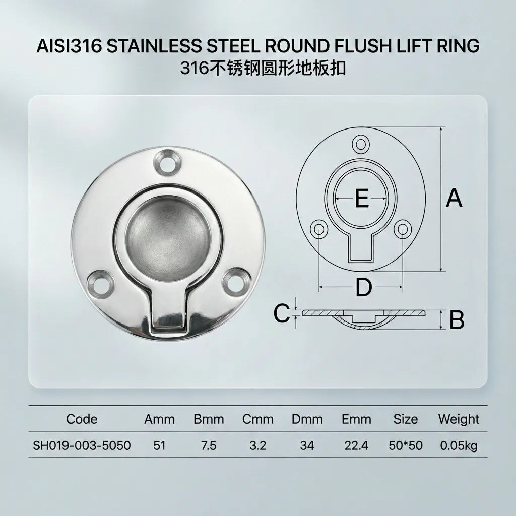 Technical blueprint and measurement table for part SH019-003-5050 showing 51mm outer diameter and 34mm inner bore.