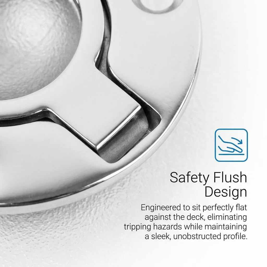 Macro view of the safety flush design engineered to sit perfectly flat against the deck to eliminate tripping hazards.