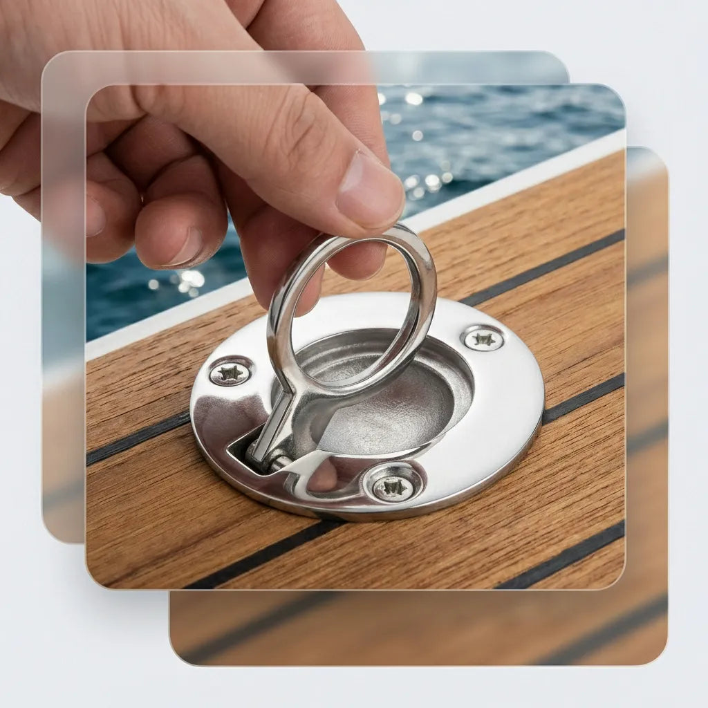 Close-up of a hand operating the flush lift ring on a wood teak boat deck, showcasing the ergonomic pull action.