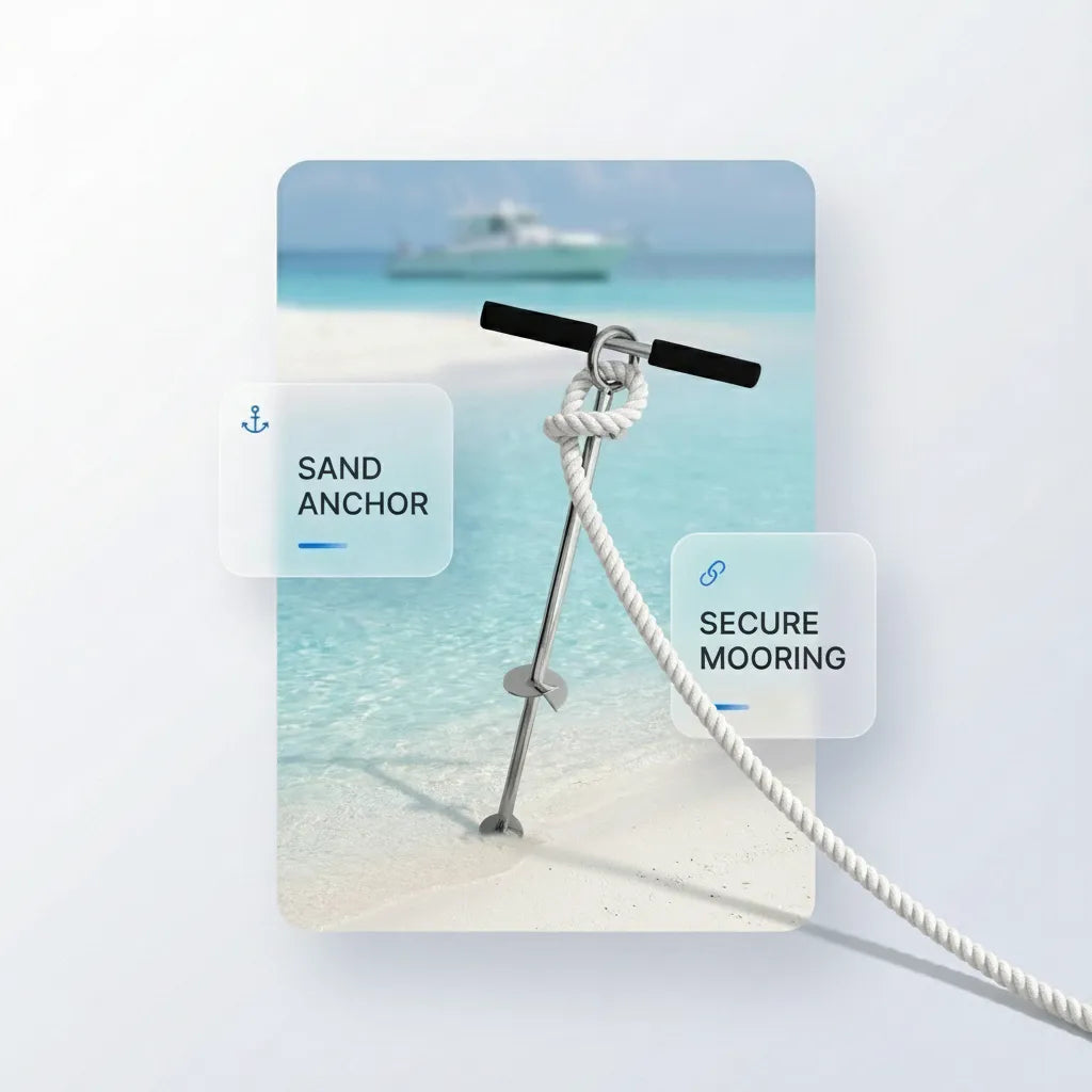 Action shot of the 316 stainless steel sand anchor installed in shoreline sand with a heavy-duty mooring rope attached, securing a boat in the background.