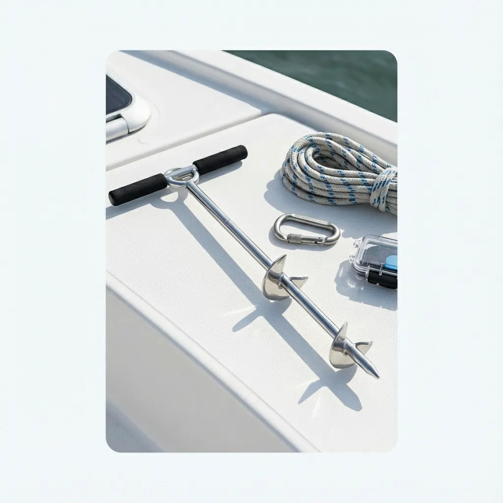Sand anchor stored on a boat deck next to braided marine rope and a locking carabiner, showcasing its portable and corrosion-resistant design.