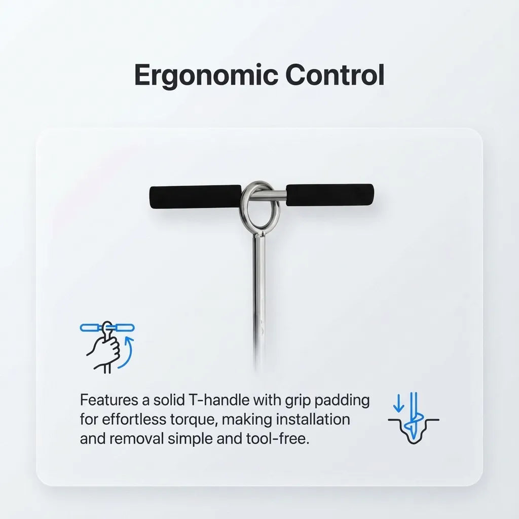 Diagram explaining the ergonomic T-handle with grip padding, designed for effortless torque and tool-free installation into sand or shallow water.