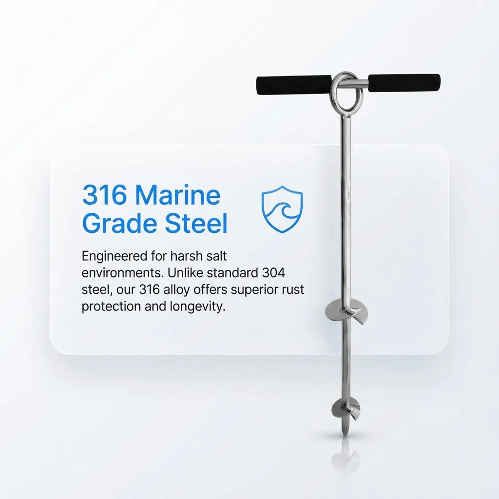 Technical infographic highlighting the 316 marine-grade alloy construction, engineered for superior rust protection and longevity in harsh saltwater environments.