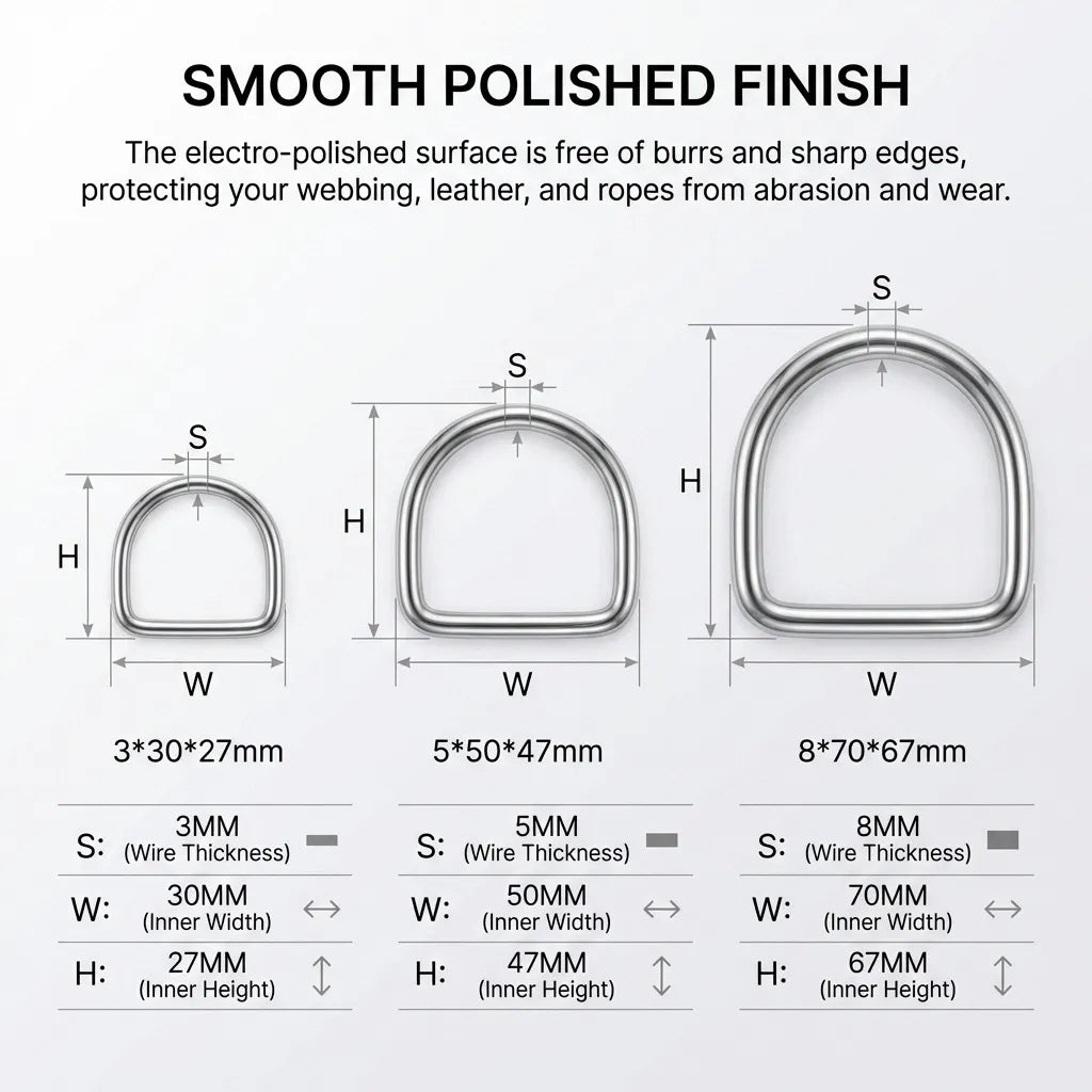 Diagram showing the 3mm, 5mm, and 8mm wire thickness specifications and total hardware dimensions.