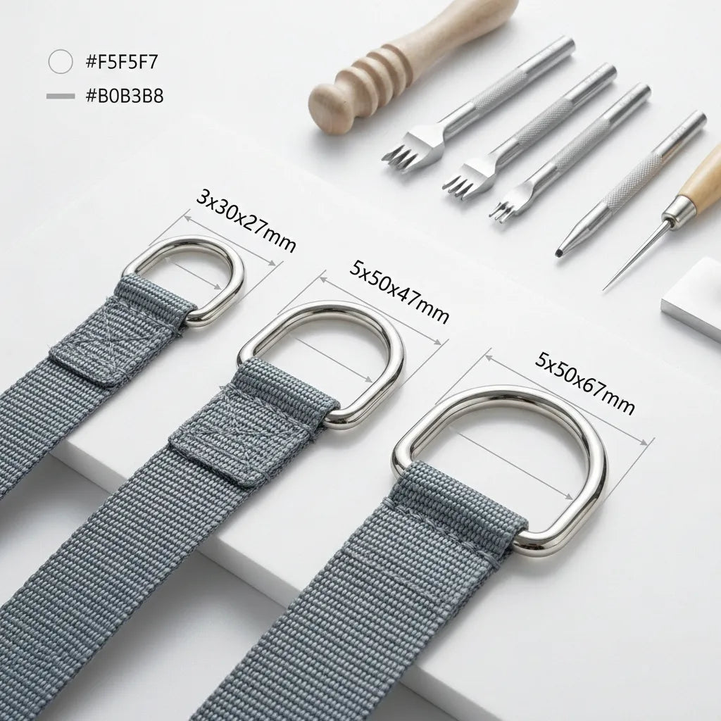 Stainless steel D-rings paired with grey nylon webbing and leatherworking punch tools on a white workstation.