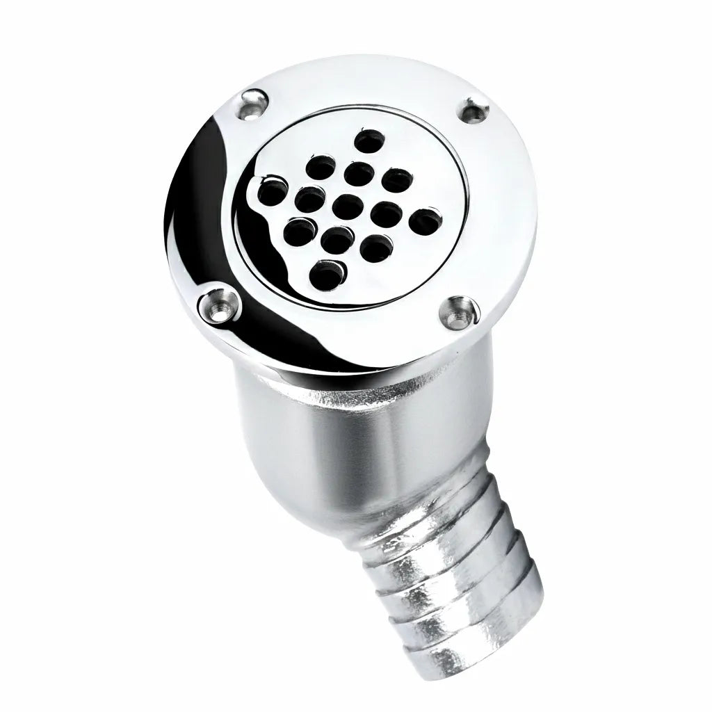 Hero shot of a 316 marine-grade stainless steel self-bailing boat floor drain with a 90-degree hose barb and mirror-polished flange on a white background.