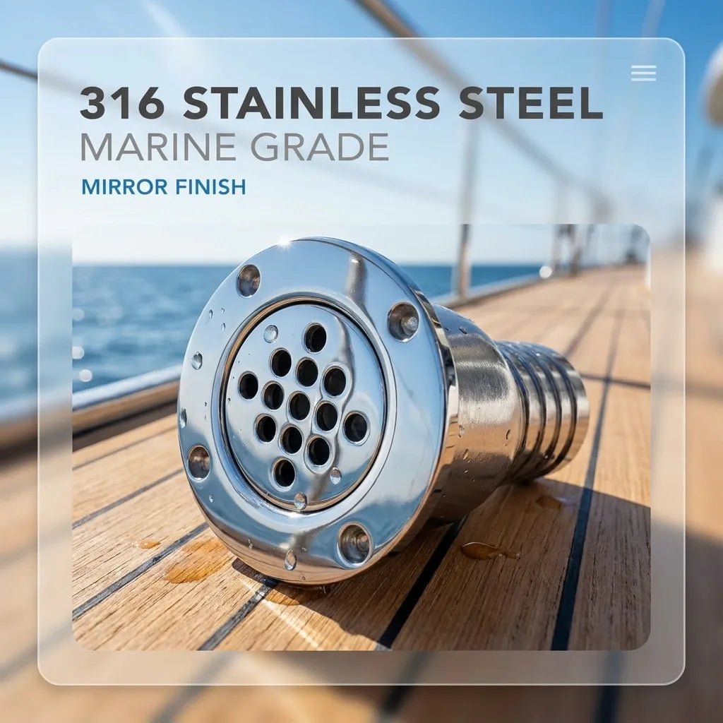 A mirror-finished marine floor scupper installed on a teak wood yacht deck showcasing saltwater resistance and high-end aesthetic.