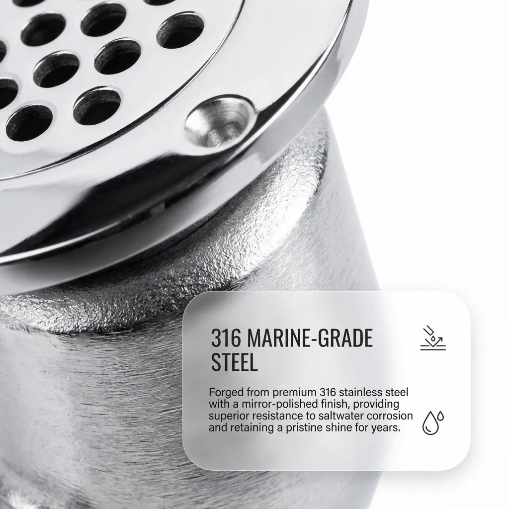 Macro view of the 316 marine-grade stainless steel flange highlighting the mirror-polished finish and corrosion-resistant properties.