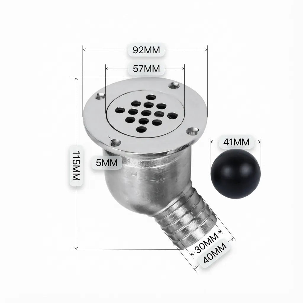 Technical specification sheet showing 92mm flange diameter, 115mm total height, and 40mm/30mm hose barb dimensions with 41mm floating ball.