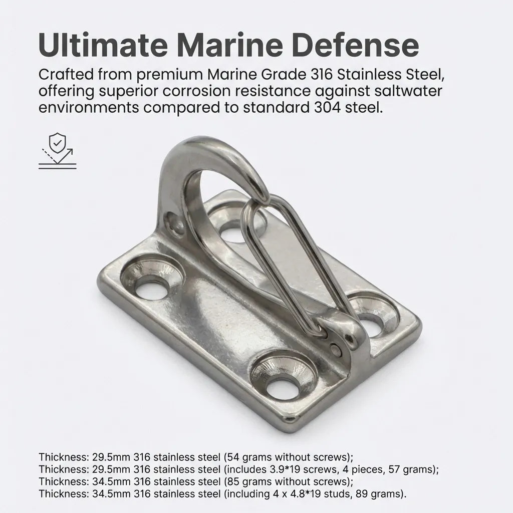 Infographic titled Ultimate Marine Defense showing the 316 stainless steel hook with weight data: 29.5mm thickness is 54g and 34.5mm thickness is 85g.