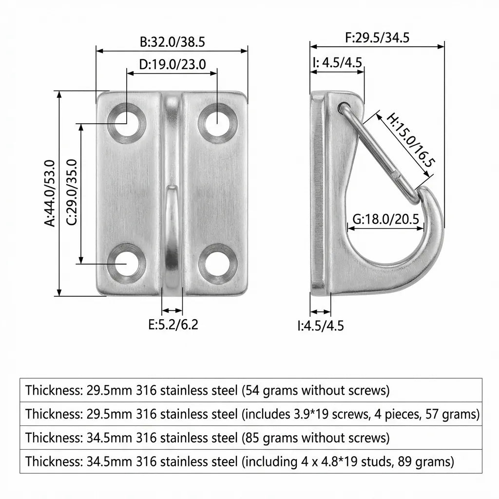 Technical blueprint showing precise dimensions for sizes A through I, ranging from 44mm to 53mm in length and 29.5mm to 34.5mm in height.