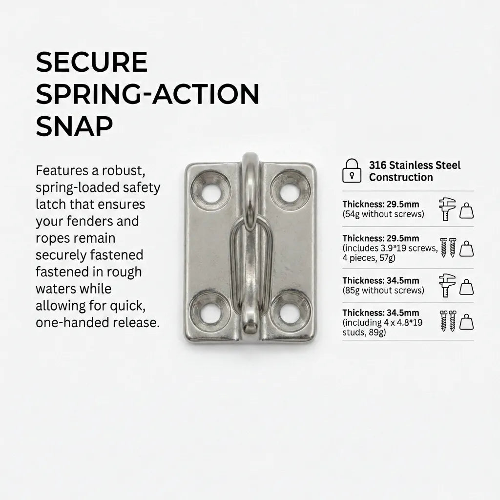 Top-down view of the secure spring-action snap mechanism designed for one-handed release and secure rope fastening in rough waters.