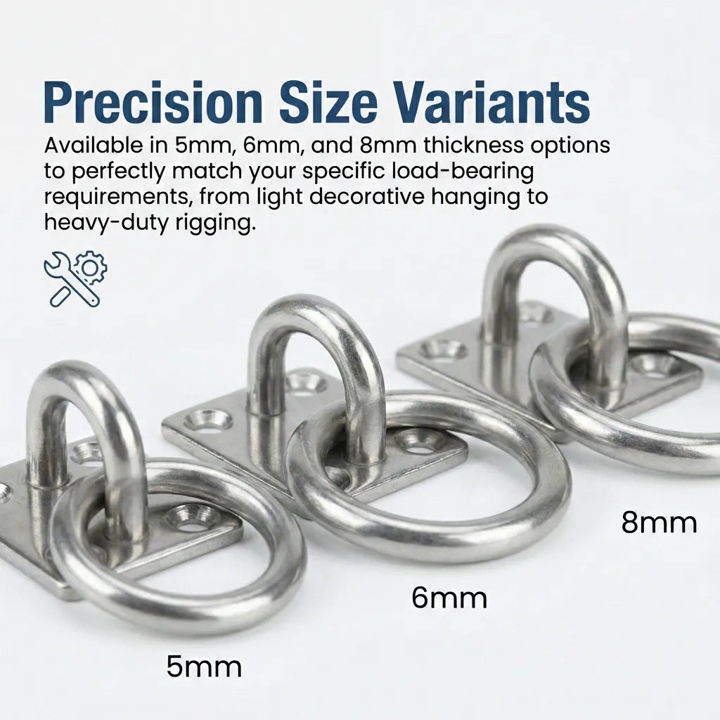Comparison view of the 5mm, 6mm, and 8mm thickness variants for the square eye plate rigging hardware.