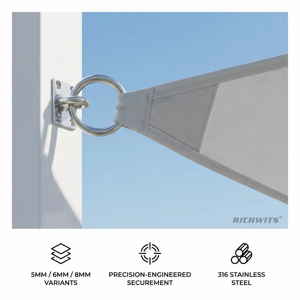 Close-up of the 316 stainless steel eye plate mounted to a post, securing a white shade sail corner.