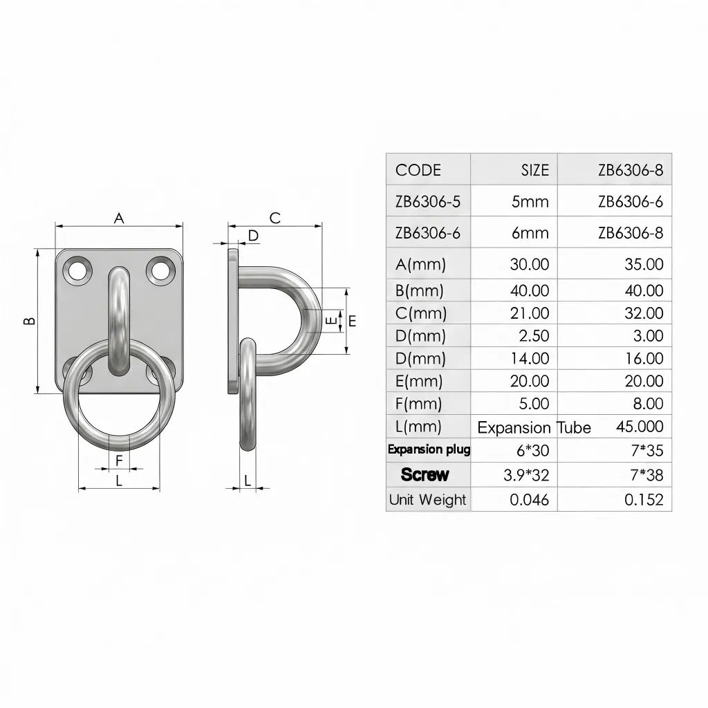 Detailed technical drawing with dimensions A through L for 5mm, 6mm, and 8mm eye plate variants.
