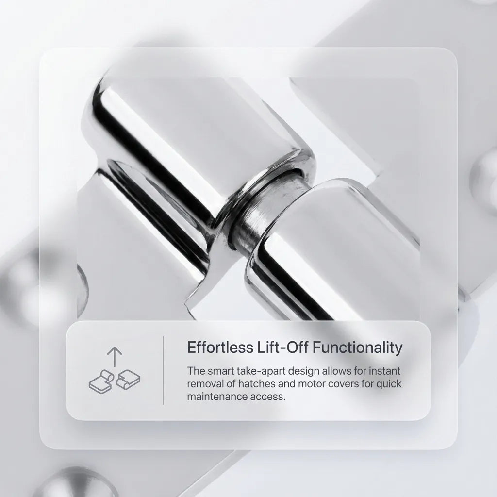 Macro close-up of the effortless lift-off functionality on the take-apart hinge allowing instant hatch removal for yacht maintenance.