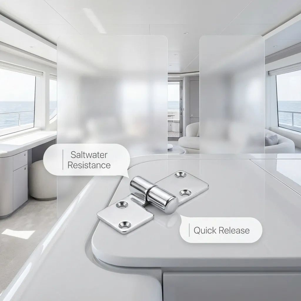 Mirror-polished 316 stainless steel detachable hinge installed on a high-end white yacht surface, showcasing saltwater resistance and quick release functionality.