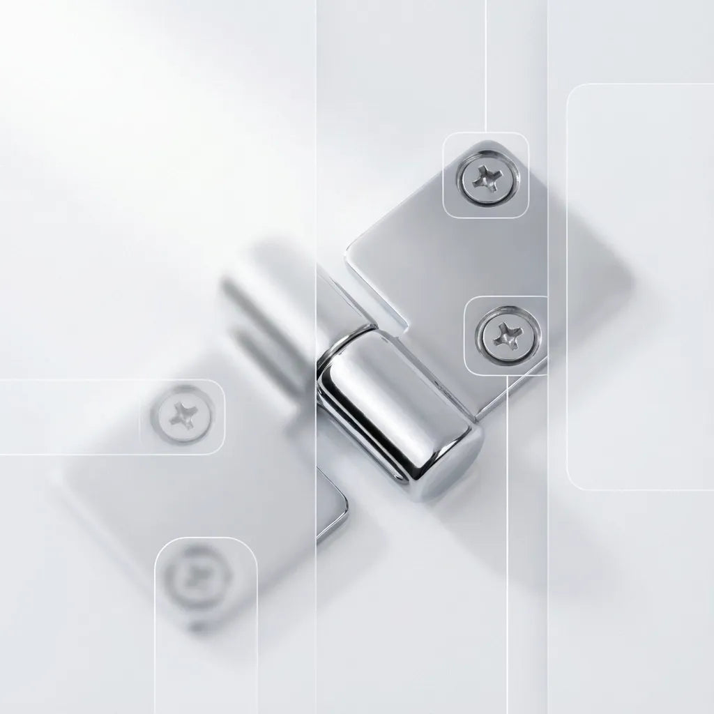 Detailed view of the recessed mounting holes and mirror-polished surface finish of the marine grade hinge.